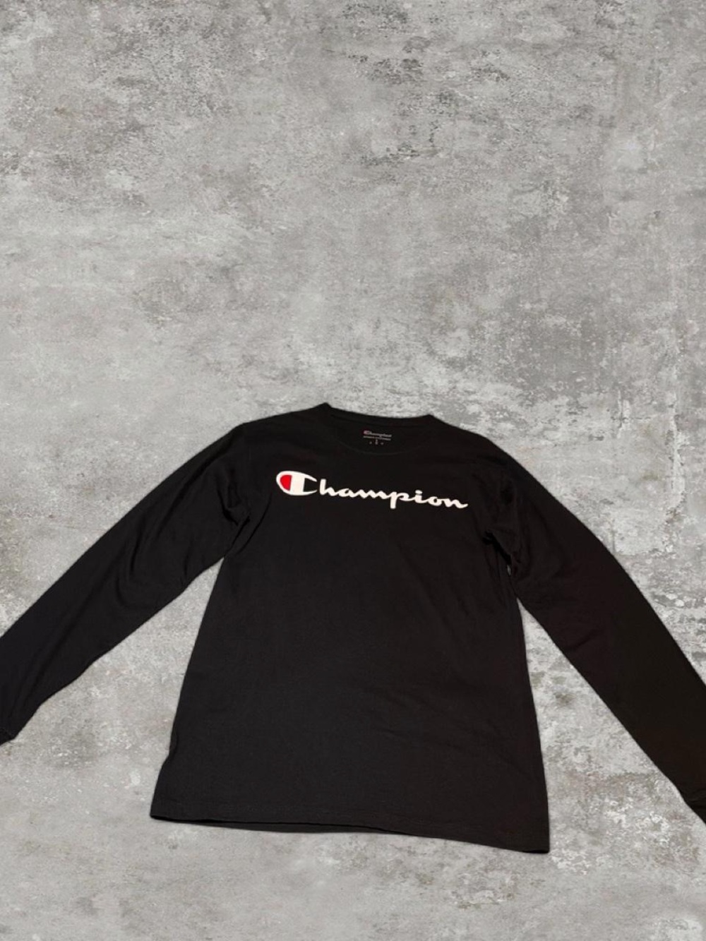 Champion Black Long Sleeve Tee with White Script and Red Logo Accent